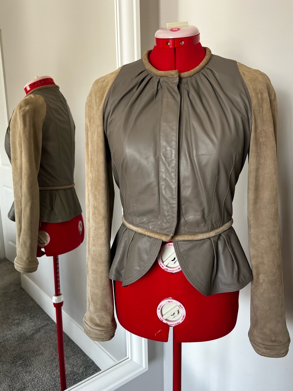 Burberry Taupe Leather and Suede Peplum Jacket